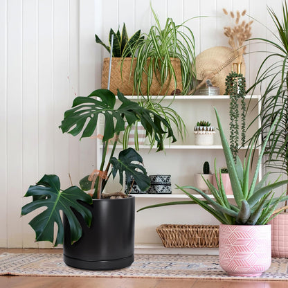 D'vine Dev 14 Inch Ceramic Planter Pot with Drainage Hole and Saucer, Indoor Cylinder Round Planter Pot, Black, 94-O-G-2
