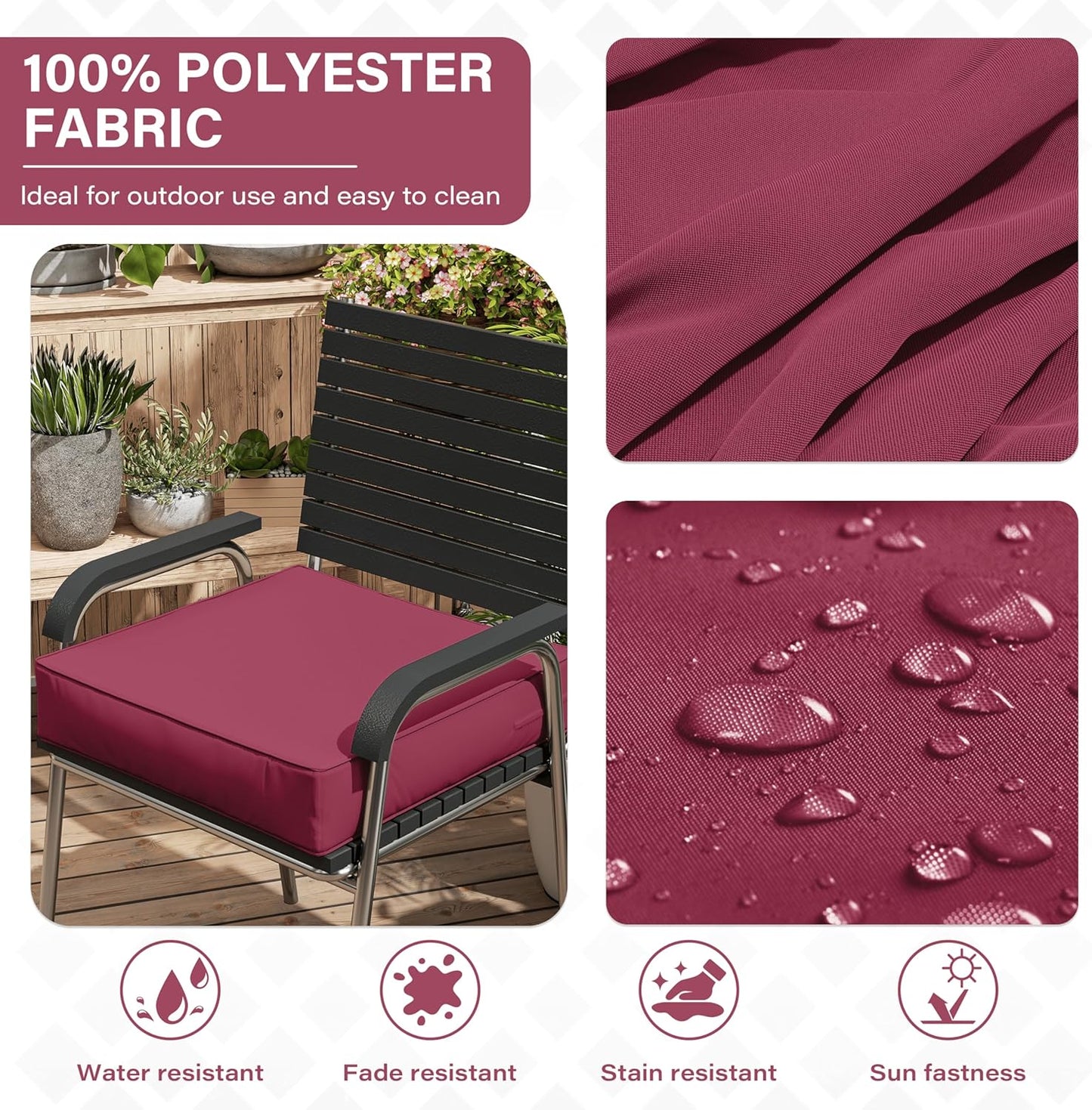 Patio Chair Cushions 24 X 24 X 5 Inch Waterproof Outdoor Seat Cushions for Patio Furniture, Outdoor Sofa Couch Pads with Ties & Handle, Set of 2, Fuchsiared