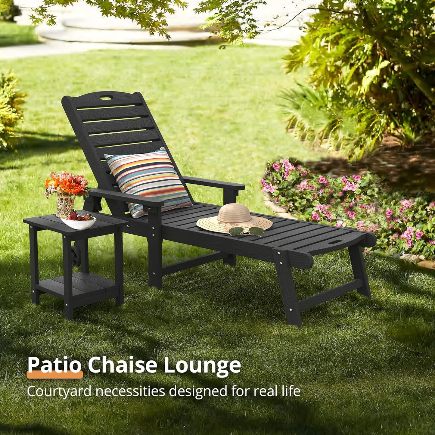 LUE BONA Outdoor Chaise Lounge Chairs Set of 4, 79'' Oversized HDPS Chaise Lounger, 5 Positions Adjustable Lounge Chairs, Pool Lounge Chair with Wheels for Poolside, 3 Year Warranty, Black