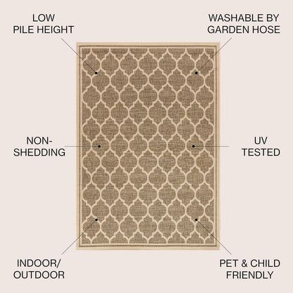 Eyely BMS109A-4SQ Santa Monica Trebol Moroccan Trellis Textured Weave, Pet Friendly, Non-Shedding, Stain Resistant, Easy-Cleaning, Brown/Beige, 4' Square, Indoor/Outdoor, Area Rug