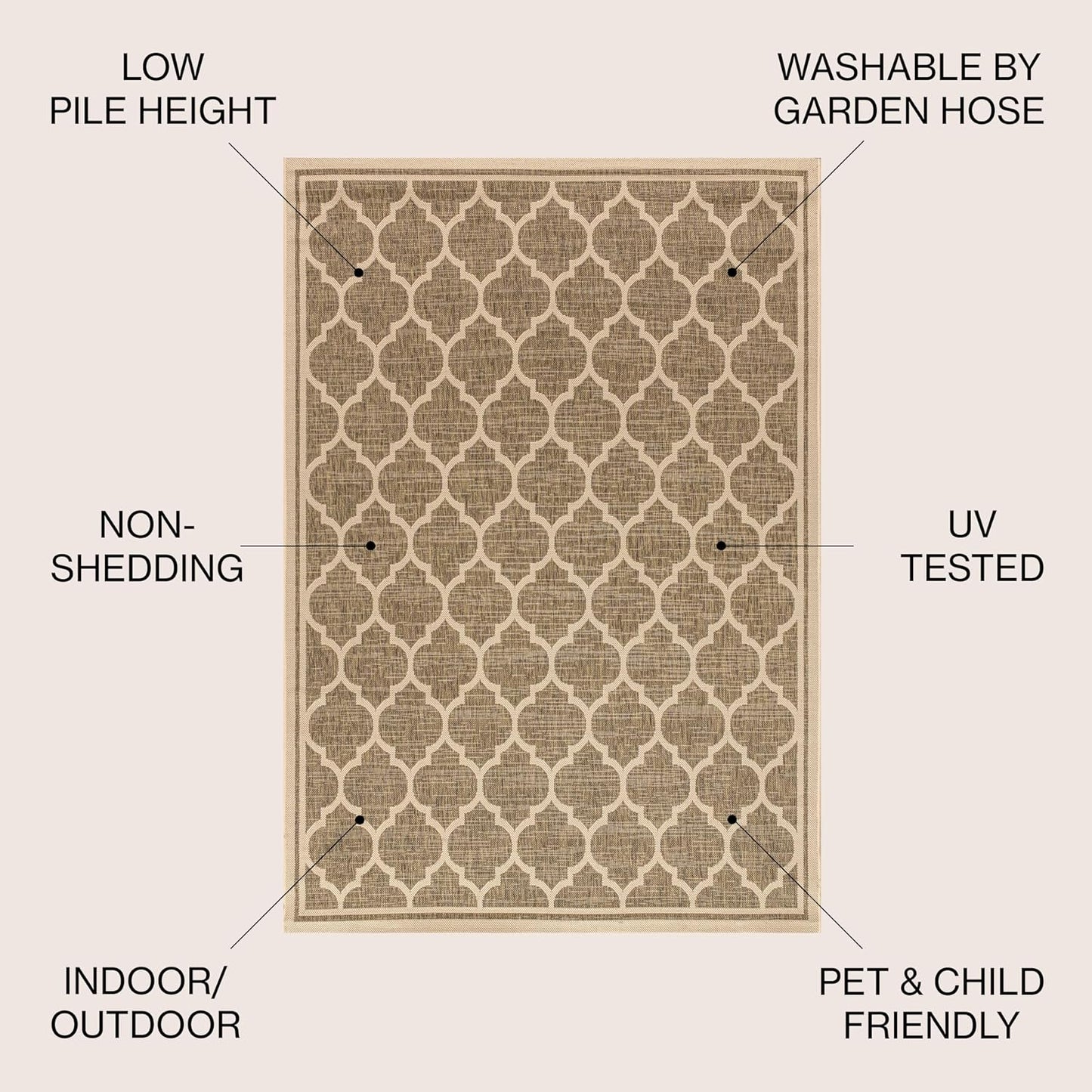 Eyely BMS109A-3SQ Santa Monica Trebol Moroccan Trellis Textured Weave, Pet Friendly, Non-Shedding, Stain Resistant, Easy-Cleaning, Brown/Beige, 3' Square, Indoor/Outdoor, Area Rug