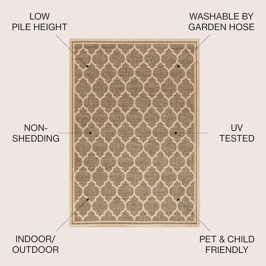 Eyely BMS109A-3SQ Santa Monica Trebol Moroccan Trellis Textured Weave, Pet Friendly, Non-Shedding, Stain Resistant, Easy-Cleaning, Brown/Beige, 3' Square, Indoor/Outdoor, Area Rug