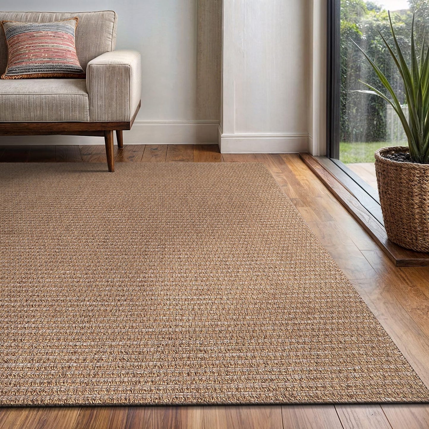 Easy Jute Rug 8x10 Indoor Outdoor Natural Rugs Solid Fiber Rug Woven Area Rug Boho Easy Clean Inside Carpet for Living Room Bedroom Dining Room Hallway or Outdoor Patio Porch (8 X 10 Natural)