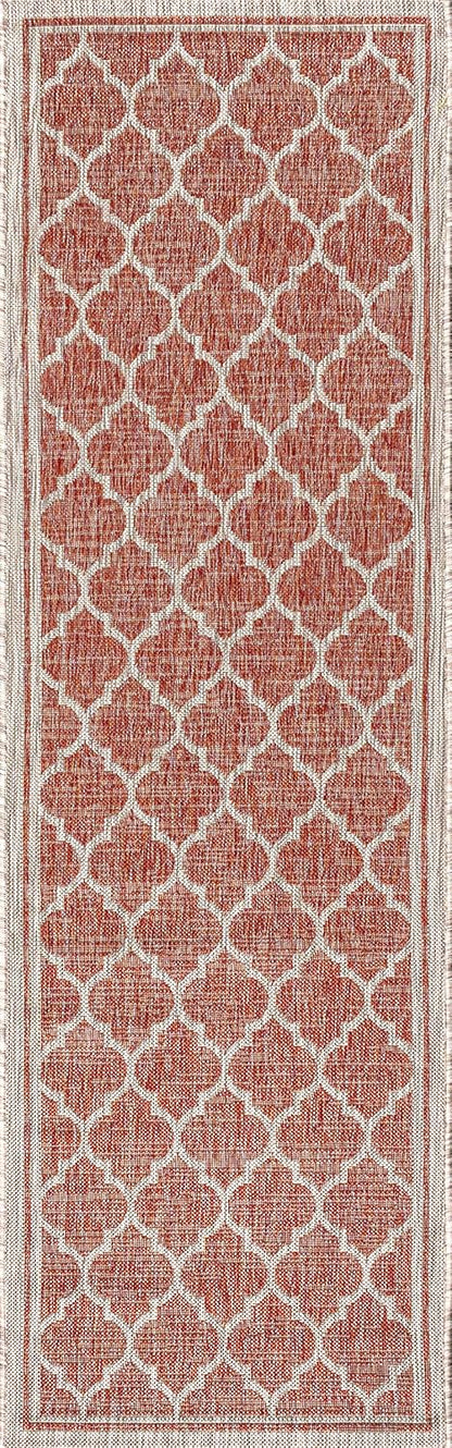Eyely BMS109C-210 Santa Monica Trebol Moroccan Trellis Textured Weave Indoor/Outdoor Runner Rug Coastal;Bohemian, Bedroom, Backyard, Patio, Easy-Cleaning, Non-Shedding, 2 X 10, Red/Beige
