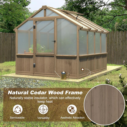 BlueWish 8x8 FT Greenhouses for Outdoors, Cedar Green House with 6MM Polycarbonate Panel, Greenhouse Kit with Adjustable Vent & Lockable Door, Walk-in Greenhouse for Outside, Garden, Backyard