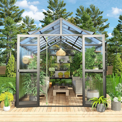 HOWE 8x16x7.5 FT Polycarbonate Greenhouse with Swing Doors, 4 Vents, 5.2FT Added Wall Height, Walk-in Large Aluminum Greenhouse for Outdoors, Black
