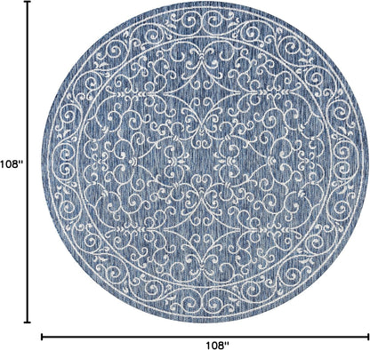 JONATHAN Y SMB106D-9R Charleston Vintage Filigree Textured Weave Navy/Gray 9' Round Indoor/Outdoor Area Rug, Pet Friendly, Non-Shedding, Stain Resistant, Easy-Cleaning for Backyard, Patio, Porch