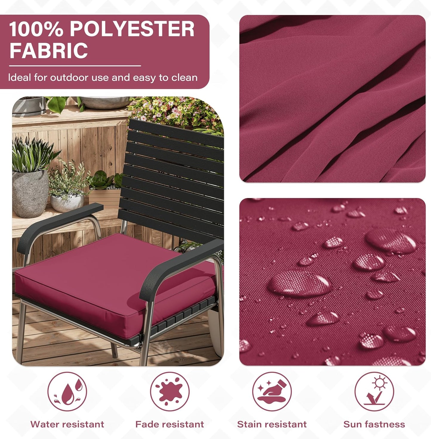 Patio Chair Cushions 17 X 16 X 3 Inch Waterproof Outdoor Seat Cushions for Patio Furniture, Outdoor Sofa Couch Pads with Ties & Handle, Set of 2, Fuchsiared
