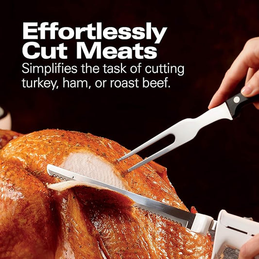 Hamilton Beach Electric Knife Set for Carving Meats, Poultry, Bread, Crafting Foam & More, Reciprocating Serrated Stainless Steel Blades, Ergonomic Design Storage Case + Fork Included, 5Ft Cord, White