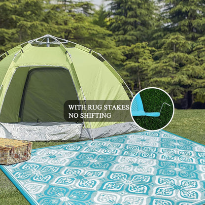 Pauwer Waterproof Outdoor Rug 9x12, Reversible Plastic Straw Patio Camping Rug, Indoor Outdoor RV Mat Carpet for Deck, Camper, Porch, Balcony, Backyard, Picnic, Clover Teal