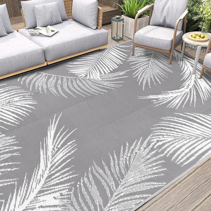 Pauwer Waterproof Outdoor Rug 9x12, Reversible Plastic Straw Patio Camping Rug, Indoor Outdoor RV Mat Carpet for Deck, Camper, Porch, Balcony, Backyard, Picnic, Leaf Grey