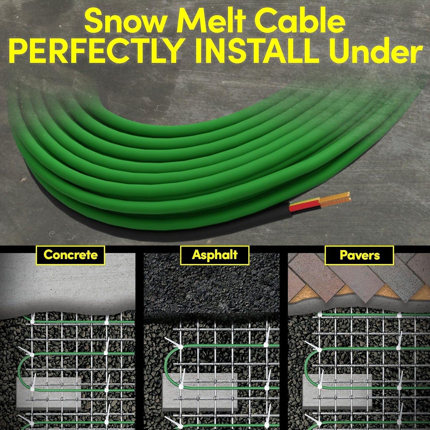 Electric Snow and Ice Melting Underground Cable 188 feet, Covers 62 sqft at up to 38 Watts/sqft, 120V – Radiant Heated Driveways, Walkways, Stairs – Installs Under Concrete, Asphalt, or Pavers