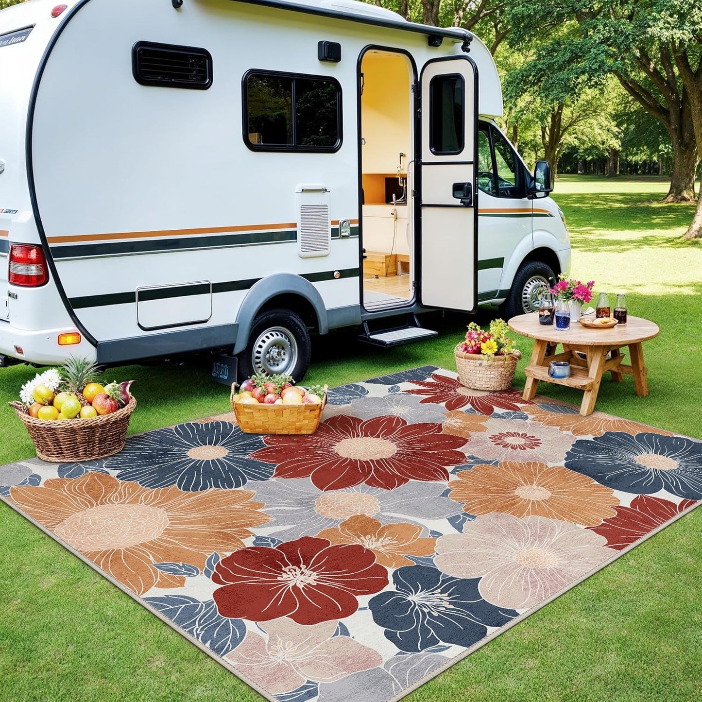 GENIMO Indoor Outdoor Area Rug 8' X 10' Waterproof, Washable Patio Rug Non Shedding, Easy Cleaning Floral Outdoor Carpet for Living Room, Bedroom, Dining Room, Balcony, Backyard, Deck, RV, Red Blue