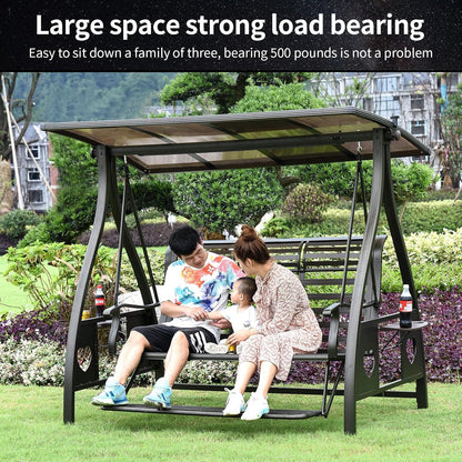 3-Seat Solar Outdoor Patio Swing Chair with Footrest Outdoor Porch Swing with Aluminum Frame Adjustable Tilt Canopy for Poolside Balcony Backyard (Floral Pillow + Brown Cushion)
