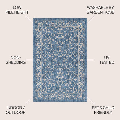 JONATHAN Y SMB106D-8R Charleston Vintage Filigree Textured Weave Navy/Gray 8' Round Indoor/Outdoor Area Rug, Pet Friendly, Non-Shedding, Stain Resistant, Easy-Cleaning for Backyard, Patio, Porch