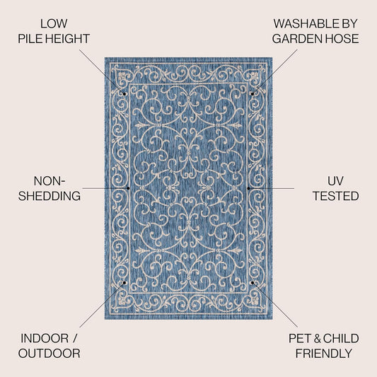JONATHAN Y SMB106D-4 Charleston Vintage Filigree Textured Weave Indoor/Outdoor Navy/Gray 4 ft. x 6 ft. Area Rug, Classic,Easy-Cleaning,HighTraffic,LivingRoom,Backyard, Non Shedding