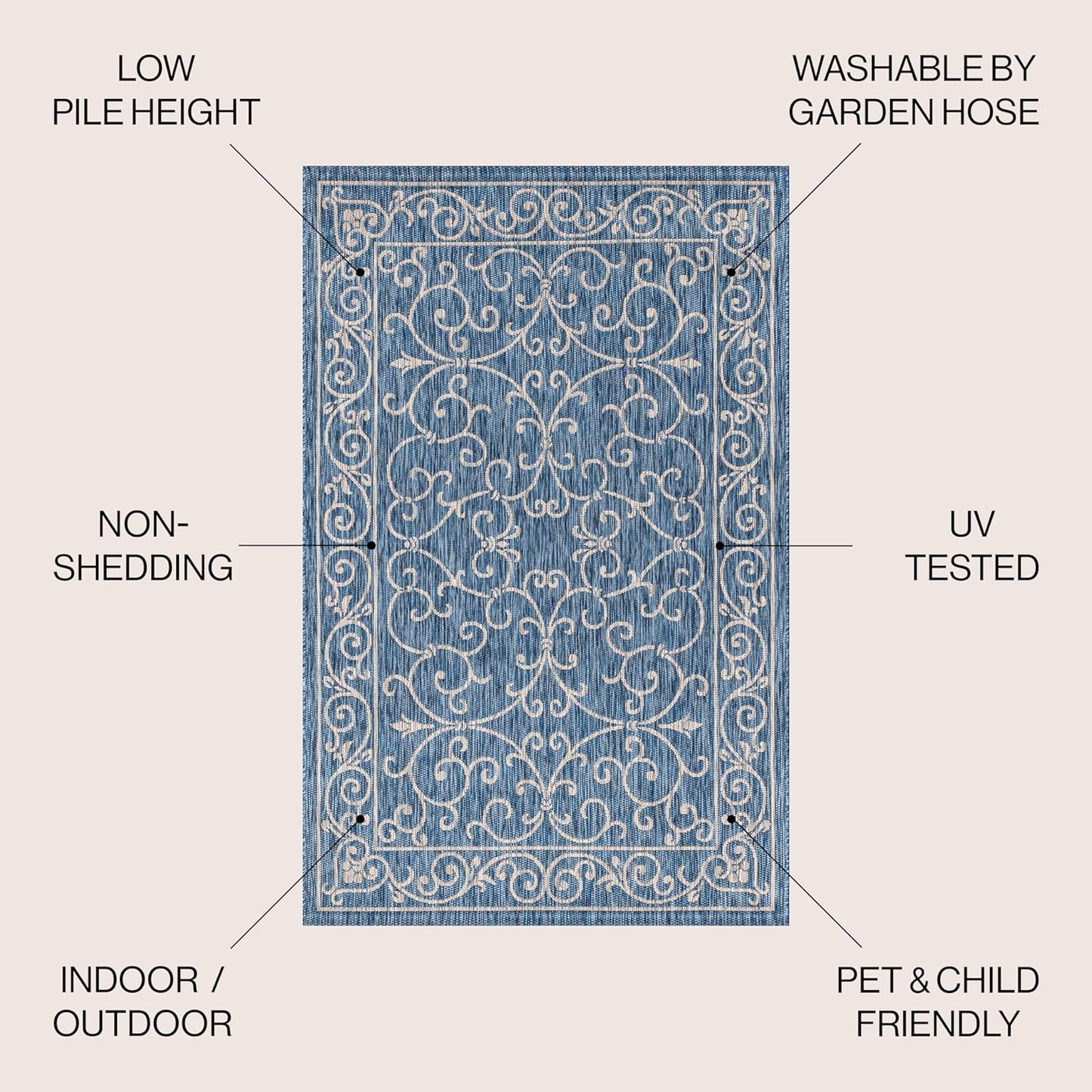 JONATHAN Y SMB106D-6SQ Charleston Vintage Filigree Textured Weave Navy/Gray 6' Square Indoor/Outdoor Area Rug, Pet Friendly, Non-Shedding, Stain Resistant, Easy-Cleaning for Backyard, Patio, Porch
