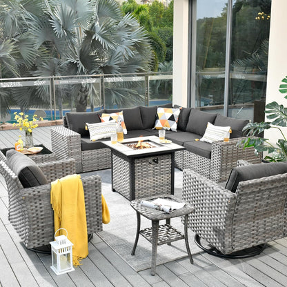 HOOOWOOO 10 Piece Modular Patio Outdoor Sectional Furniture Set with Gas Propane Fire Pit Table,Wicker Conversation Sofa Set with Swivel Chairs,Outside Couch Set(Black)