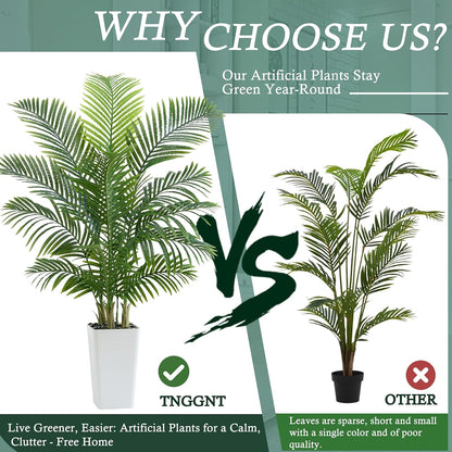 Artificial Palm Tree：5FT Tropical Fake Silk Plant UV Resistant Faux Areca Palm with White Planter & Black Pebbles for Home Office Living Room Decor Indoor Patio Porch Balcony (5FT,1-Pack,White)