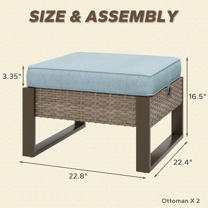 Patio Metal Wicker Ottoman Set of 2, Outdoor PE Rattan Footstools with Removable Cushions & Metal Steel Framed Legs for Garden Backyard Porch Deck, Baby Blue