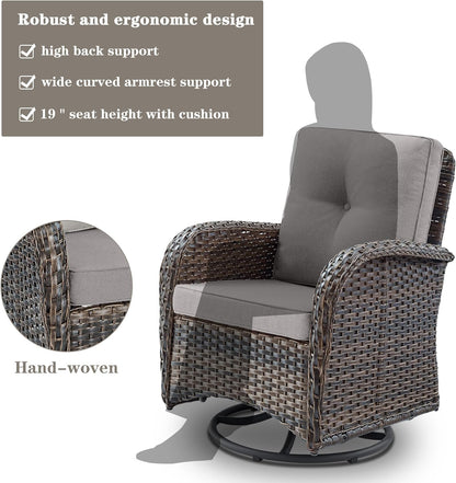 Small Conversation Sets Patio Funiture - 5 Piece Outdoor Swivel Rocker Wicker Furniture Sets with Ottomans Side Table Perfect for Patio Deck Backyard, Brown Wicker Grey Cushion