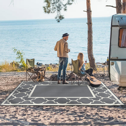 GENIMO 5 ' x 8 ' Outdoor Rug for Patio, Waterproof Indoor Outdoor Plastic Straw Rugs Carpet, Reversible Outside Area Mat for Camping, Balcony Porch, Deck, Picnic, Beach Grey & Beige White