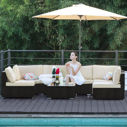 7-Piece Patio Furniture Set - Outdoor Sectional Sofa Set with Cushions and Glass-Top Coffee Table for Gardens, Poolside, Backyards and Porches, Black/Beige