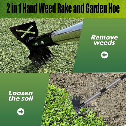 Weed Puller Tool with Long Handle, 60'' Weed Remover Weeding Tool, 2 in 1 Hand Weed Rake and Garden Hoe for Gardening, Uprooting Weeding Tool for Yard, Lawn, Patio, Garden
