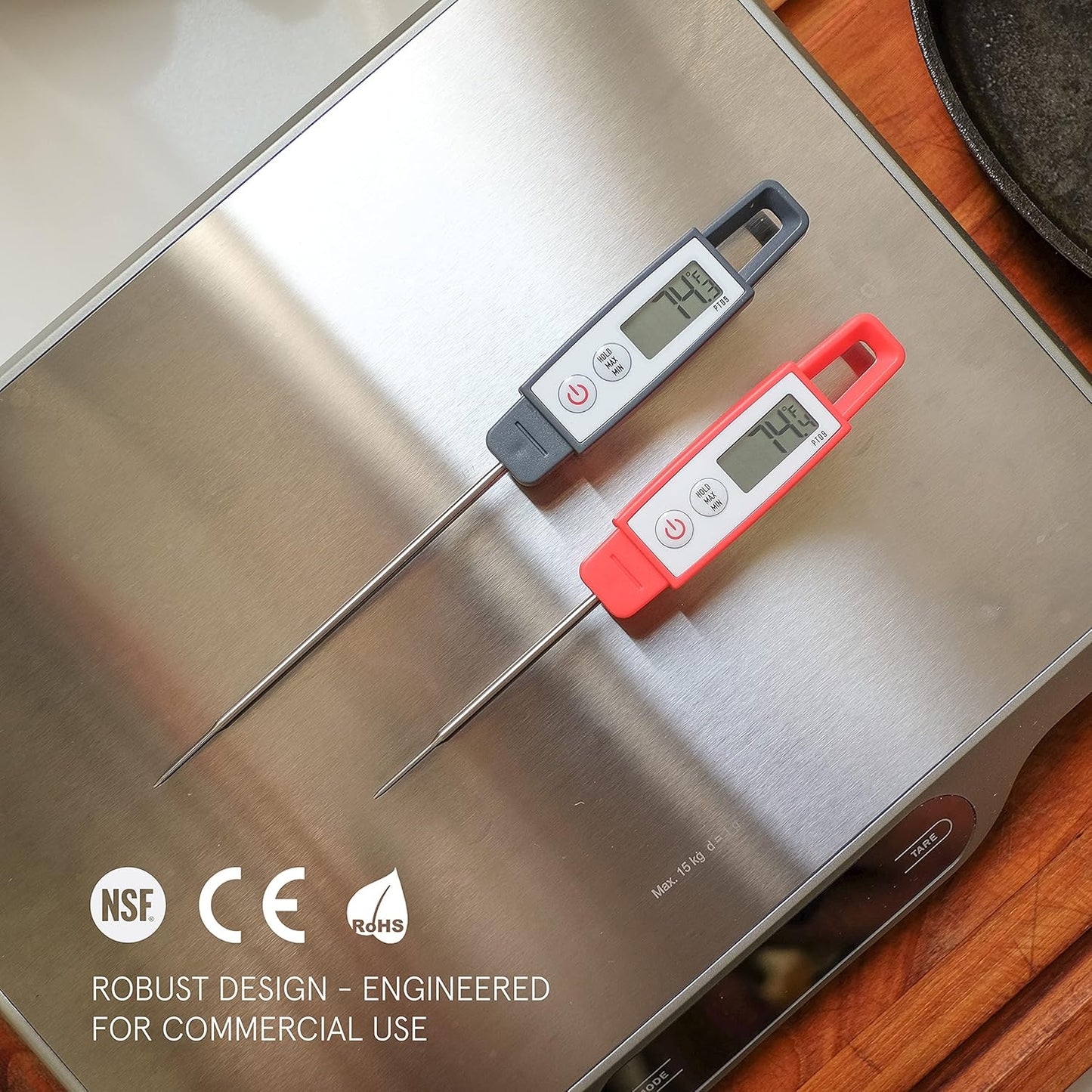 Lavatools PT09 Super-Quick Commercial Grade Digital Thermometer for Cooking, Meat, Candy, Candle, Liquid, Oil, 4.5" Compact Probe, Splash Proof, °C/°F Toggle, Hold Function - Sambal