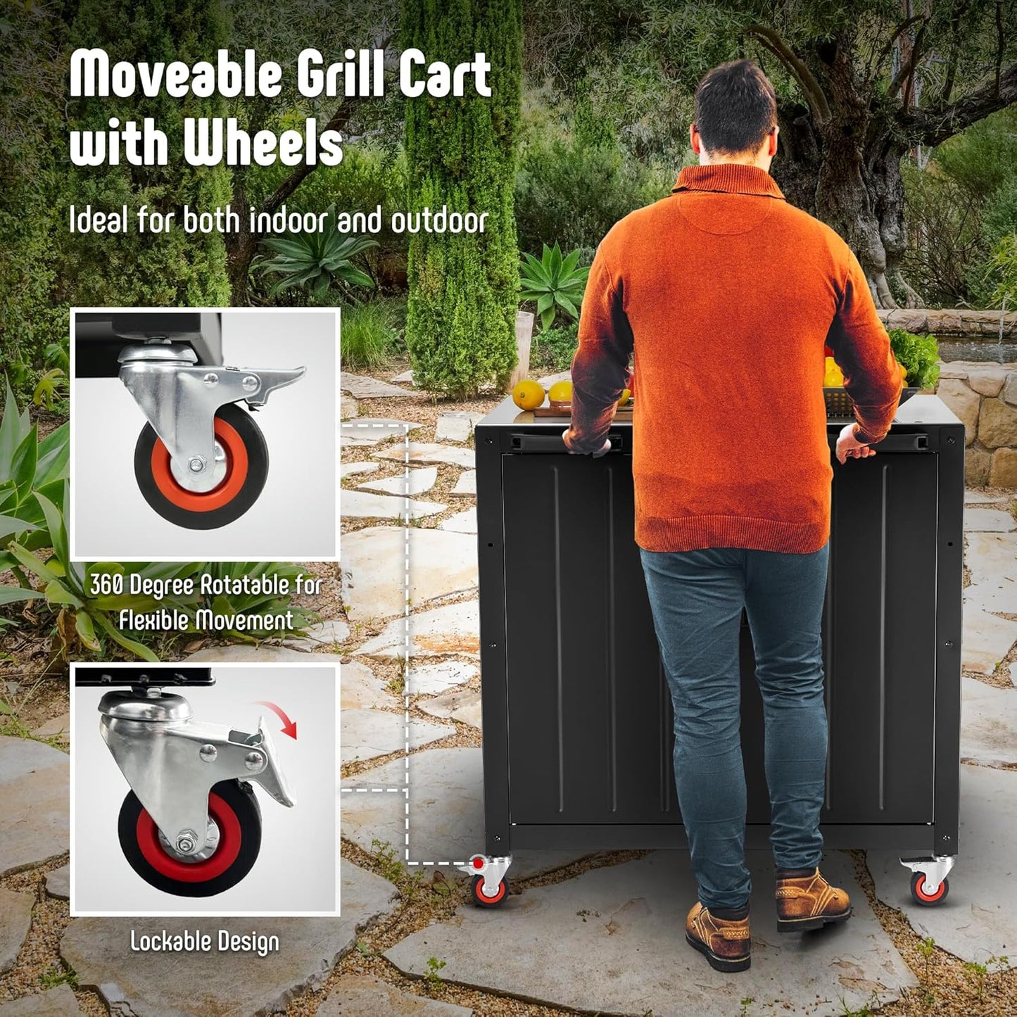 Grill Table, Outdoor Bar Cart Grill Cart with Storage Cabinet,Modular Outdoor Kitchen Island, Outdoor Grill Station with 304 Stainless Steel Top,Pizza Oven Table for Lawn & Garden,L35.4” x W24”