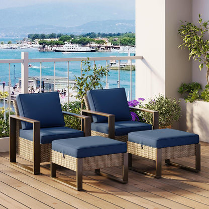 Outdoor Wicker Metal Chairs Set of 2 with Two Ottomans - 4 Pieces Patio Bistro Set with Rectangular Framed Wood-Looking Metal Armrest & Removable Cushions for Poolside, Terrace, Dark Blue
