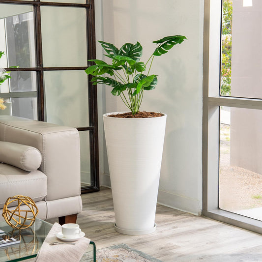 XBrand Modern 28-Inch Tall Round Planter, Modern Tapered Planter Perfect for Indoor & Outdoor Planter, Patio Décor, White