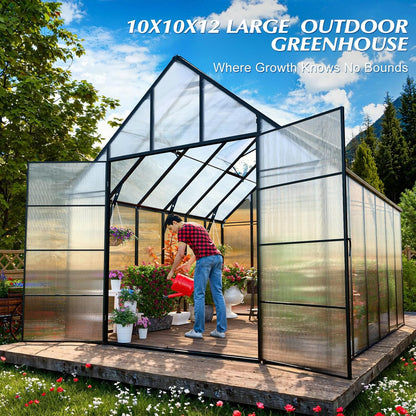10x10x12 FT Heavy-Duty Greenhouse 2.0 with Polycarbonate Panels, Swing Door, Hinged Roof Vent, and Rain Gutters for Outdoor Use, Aluminum Black