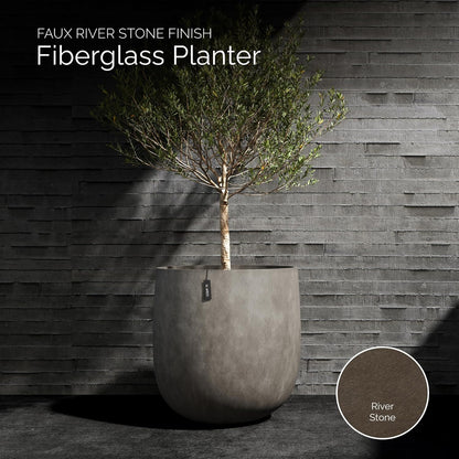 Mondo Large Planter – River Stone Finish – Fiberglass Indoor/Outdoor and Weather-Resistant Round Planter (26" D x 24" H Exterior, 24.6" D x 24" H Interior)