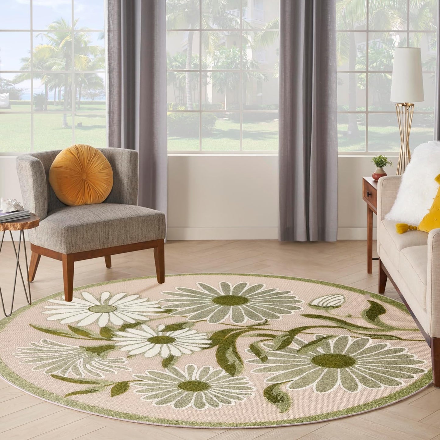 Nourison Home Aloha Indoor/Outdoor Ivory Green 5'3" x Round Area Rug, Easy-Cleaning, Non Shedding, Bed Room, Living Room, Dining Room, Backyard, Patio, Deck (5 Round)