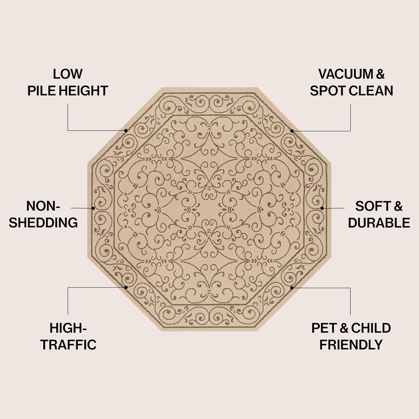 JONATHAN Y SMB106A-8TGN Charleston Vintage Filigree Textured Weave Beige/Brown 8' Octagon Indoor/Outdoor Area Rug, Non-Shedding, Stain Resistant,Fade Resistant, Easy-Cleaning for Backyard Patio, Porch