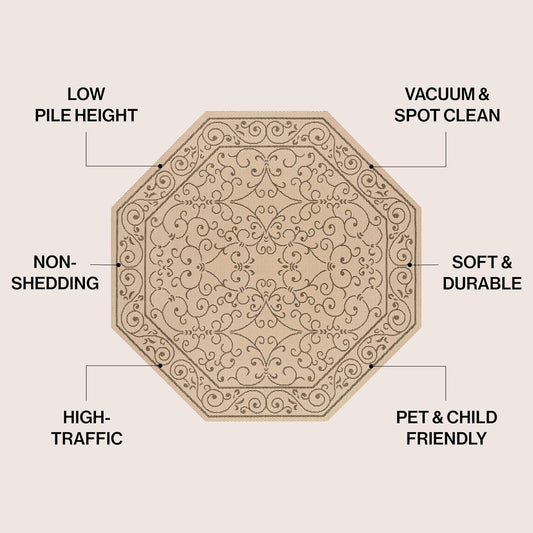 JONATHAN Y SMB106A-5TGN Charleston Vintage Filigree Textured Weave Beige/Brown 5' Octagon Indoor/Outdoor Area Rug, Non-Shedding, Stain Resistant,Fade Resistant, Easy-Cleaning for Backyard Patio, Porch