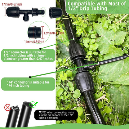6 Pack 1/2'' to 1/4'' Drip Irrigation Fittings, Push-to-Connect 3 Way Drip Irrigation Part Barbed Tee Connectors, Anti-leak Locked Splitter Fitting for 1/2" Irrigation Tubing (0.6''-0.67''OD)