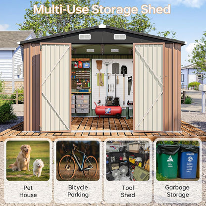 8x10 FT Outdoor Storage Shed, Utility Steel Tool Shed with Lockable Door and Air Vents, Galvanized Metal Shed for Garden Backyard Patio Lawn (8'x10', Brown)