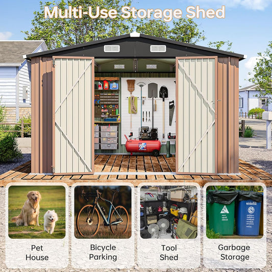 8x10 FT Outdoor Storage Shed, Utility Steel Tool Shed with Lockable Door and Air Vents, Galvanized Metal Shed for Garden Backyard Patio Lawn (8'x10', Brown)