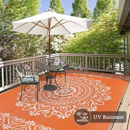 Pauwer Waterproof Outdoor Rug 6x9, Reversible Plastic Straw Patio Camping Rug, Indoor Outdoor RV Mat Carpet for Deck, Camper, Porch, Balcony, Backyard, Picnic, Floral Orange