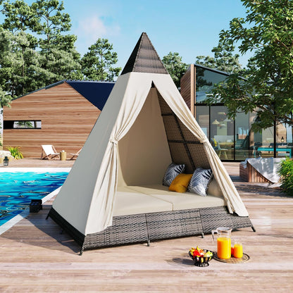 kevinplus Outdoor Patio Sunbed Daybed with Tent for Garden Backyard Pool, Adjustable Feet & Weather-Resistant Rattan Material, Beige
