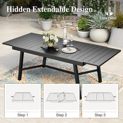 HERA'S HOUSE Extendable Patio Table and Chairs Set for 8, 9 Pieces Outdoor Dining Set, Rectangular Metal Dining Table with 8 x Chairs for Deck Lawn Garden Porch, Blue