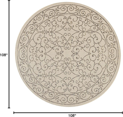 JONATHAN Y SMB106A-9R Charleston Vintage Filigree Textured Weave Beige/Brown 9' Round Indoor/Outdoor Area Rug, Pet Friendly, Non-Shedding, Stain Resistant, Easy-Cleaning for Backyard, Patio, Porch