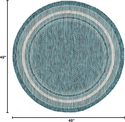 Unique Loom Outdoor Border Collection Area Rug - Soft Border (4' Round Teal/Ivory)