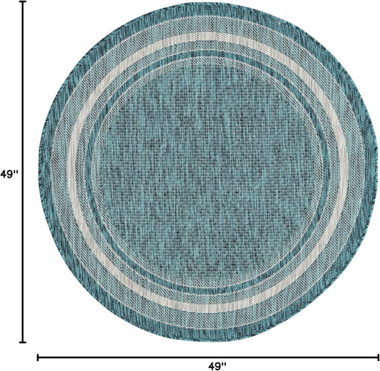 Unique Loom Outdoor Border Collection Area Rug - Soft Border (4' Round Teal/Ivory)