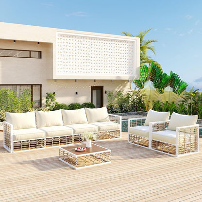 7-Piece Metal Patio Sectional Sofa Set, Free Combination Sofa Set with Coffee Table, All-Weather Garden Conversational Furniture Set with Thick Cushions and 8 Pillows (White Frame+Beige Cushion)