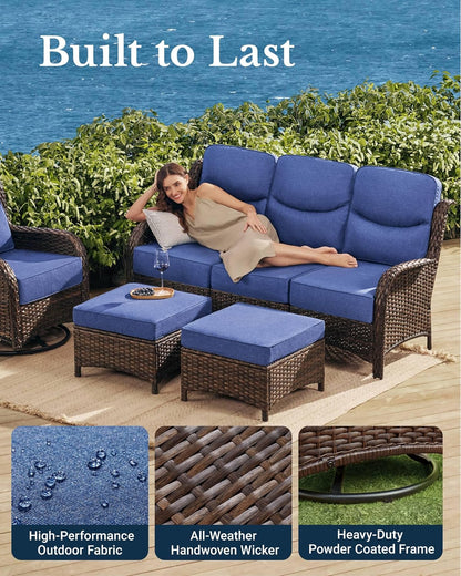 HILLGA Luxury Patio Furniture Set with 6-inch Thick Cushion, Outdoor Couch and High Back Swivel Rocker Patio Chairs, 10PCS Wicker Conversation Set for Deck Yard and Poolside, Blue (V2)