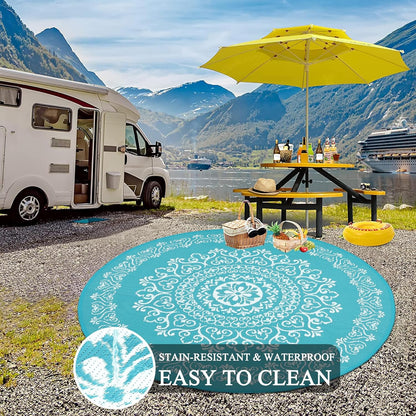 Pauwer Waterproof Outdoor Rug 6ft, Reversible Plastic Straw Patio Camping Rug, Indoor Outdoor RV Mat Carpet for Deck, Camper, Porch, Balcony, Backyard, Picnic, Floral Teal