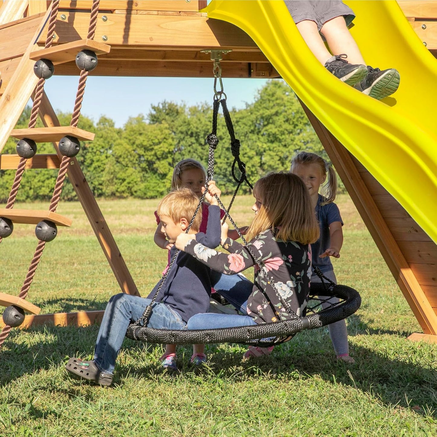 Backyard Discovery Endeavor Cedar Wood Swing Set with Wave Slide, Play Deck, Double Rock Wall, Rope Ladder, Climbing Wall, Belt Swings, 40-Inch Web Swing, Step Ladder, Toy Telescope, Outdoor Playset